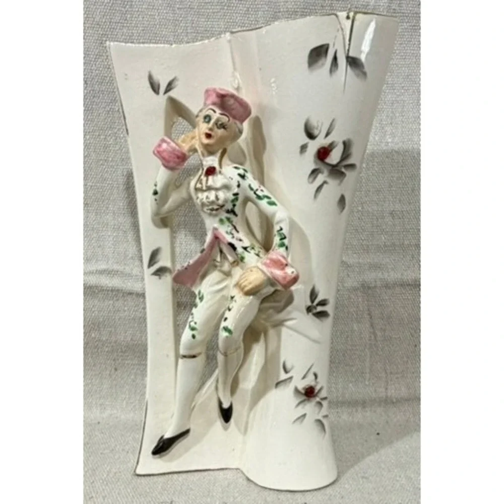 Vintage 1940s Victorian Dandy Ceramic Vase Hand Painted Figural Bud Vase 8 Inch